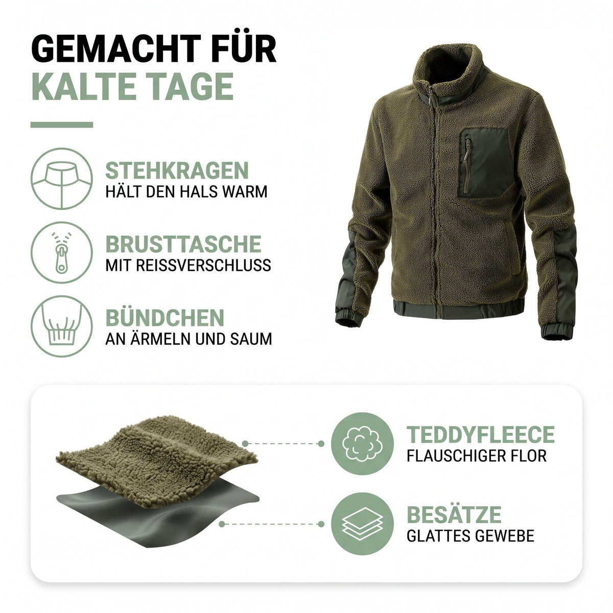 Fleecejacke Herren Aufbau: flauschiges Teddyfleece und glatte Gewebebesätze an Ärmeln und Saum