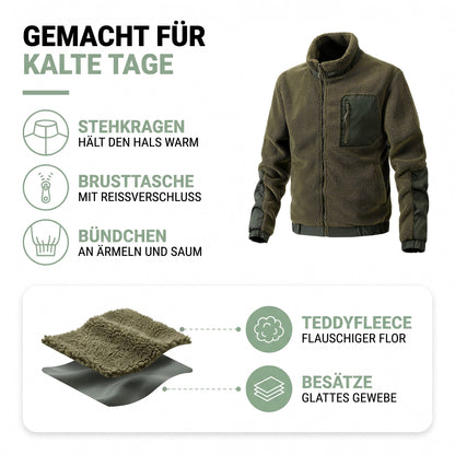 Fleecejacke Herren Aufbau: flauschiges Teddyfleece und glatte Gewebebesätze an Ärmeln und Saum
