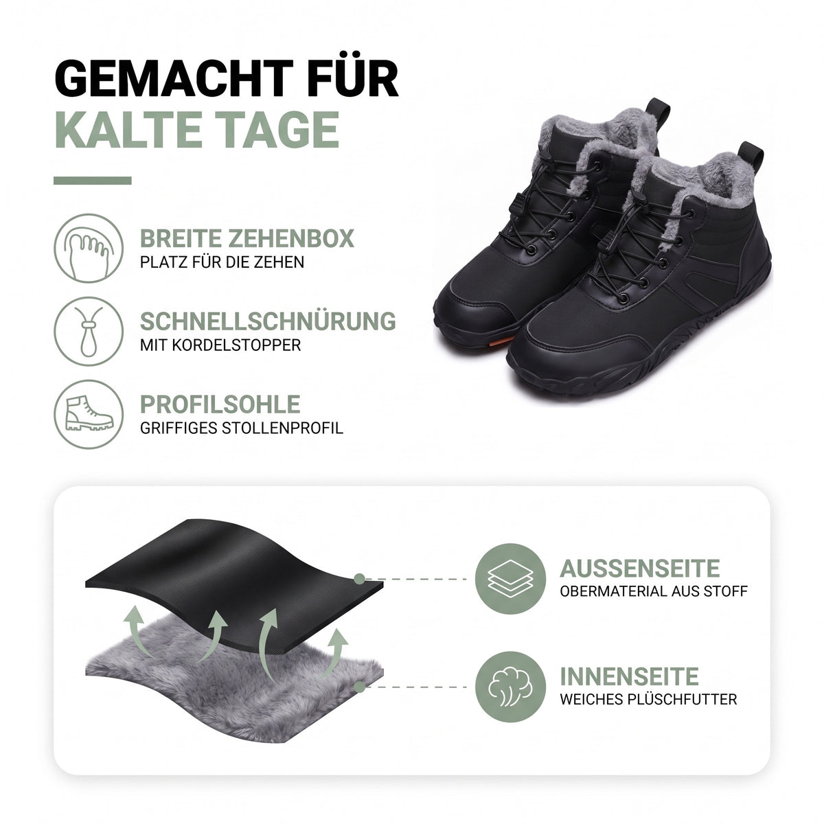 Winterschuhe Damen: breite Zehenbox, Schnellschnürung, Profilsohle, Obermaterial aus Stoff und Plüschfutter