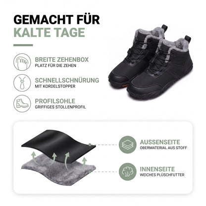 Winterschuhe Damen: breite Zehenbox, Schnellschnürung, Profilsohle, Obermaterial aus Stoff und Plüschfutter