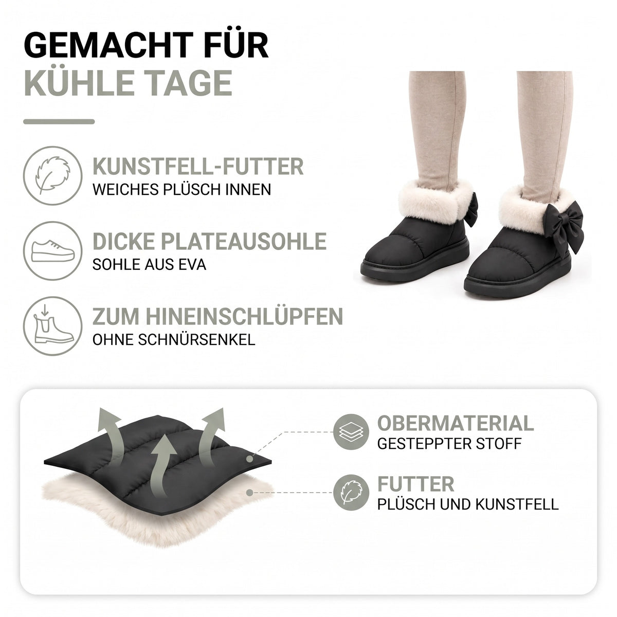 Winterstiefel Damen gefüttert – gesteppter Stoff außen, Plüsch und Kunstfell innen