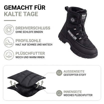 Winterstiefel Damen gefüttert: Drehverschluss, Profilsohle, gesteppter Stoff und Plüschfutter im Aufbau