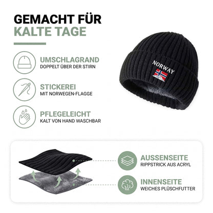 Wintermütze Herren: Umschlagrand, Stickerei mit Norwegen-Flagge, Rippstrick aus Acryl außen und weiches Plüschfutter innen