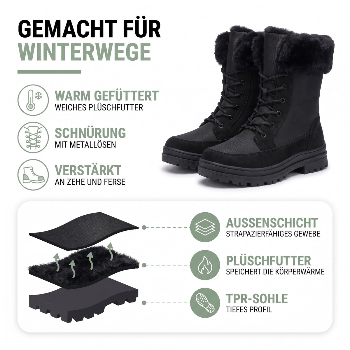 Winterstiefel Damen – Aufbau: strapazierfähiges Gewebe, Plüschfutter und TPR-Sohle mit tiefem Profil