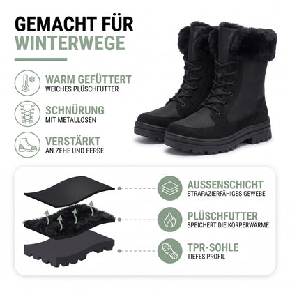Winterstiefel Damen – Aufbau: strapazierfähiges Gewebe, Plüschfutter und TPR-Sohle mit tiefem Profil