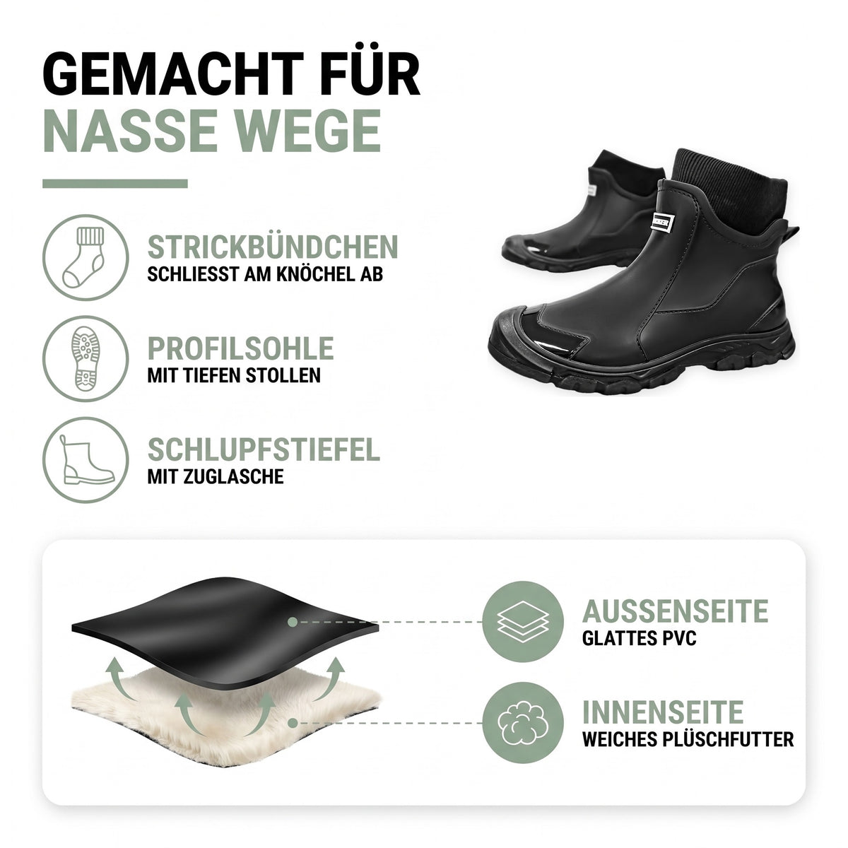 Gefütterte Gummistiefel: Strickbündchen, Profilsohle, Zuglasche, außen glattes PVC und innen weiches Plüschfutter