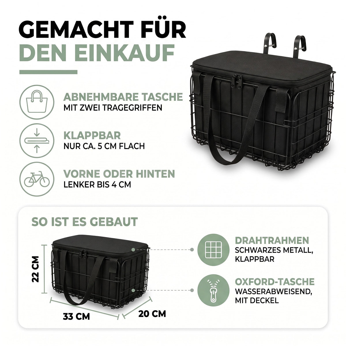 Fahrradkorb – Aufbau: klappbarer Drahtrahmen und wasserabweisende Oxford-Tasche, Maße 33 × 20 × 22 cm