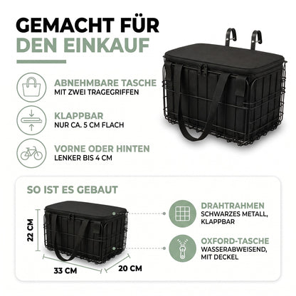 Fahrradkorb – Aufbau: klappbarer Drahtrahmen und wasserabweisende Oxford-Tasche, Maße 33 × 20 × 22 cm