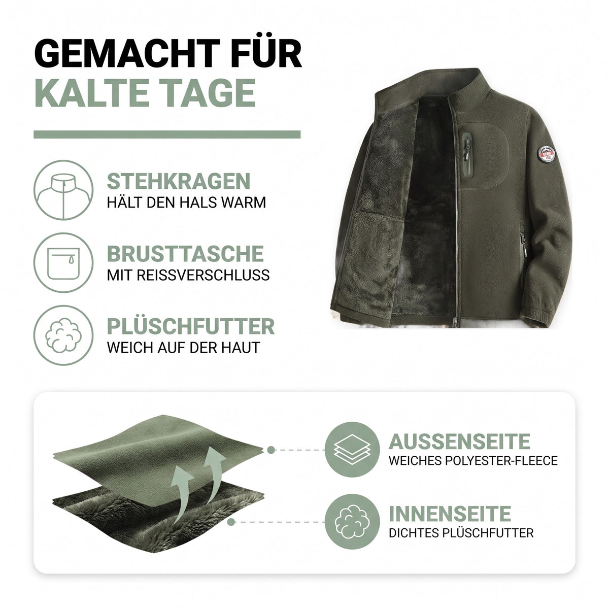 Fleecejacke Herren Aufbau: außen Polyester-Fleece, innen dichtes Plüschfutter