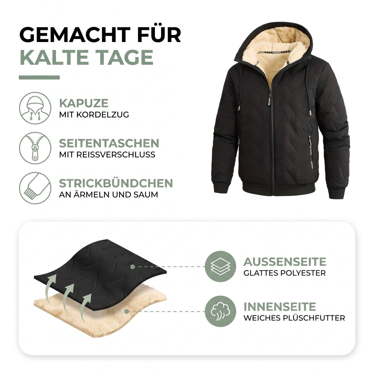 Winterjacke Herren Aufbau: außen glattes Polyester, innen weiches Plüschfutter