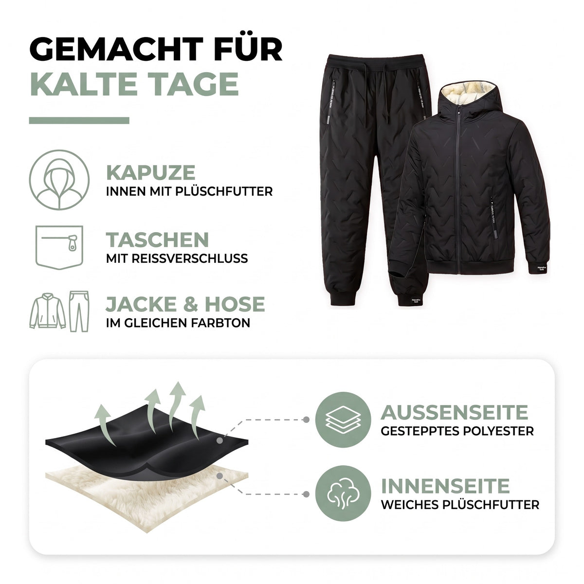Thermoanzug Herren Aufbau: außen gestepptes Polyester, innen weiches Plüschfutter