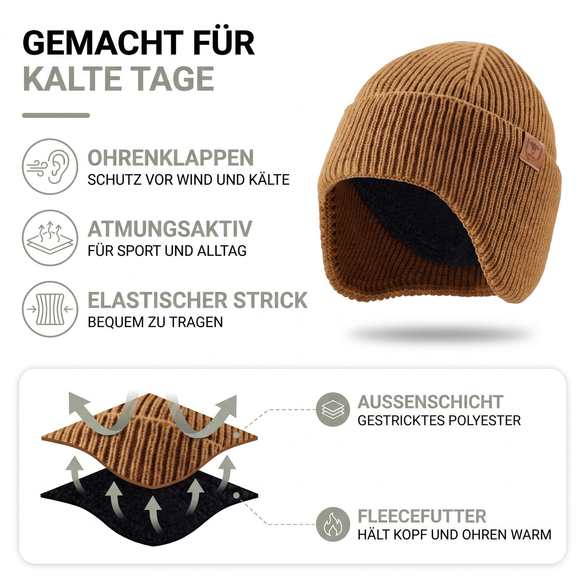 Mütze mit Ohrenklappen – Aufbau: gestricktes Polyester außen, Fleecefutter innen