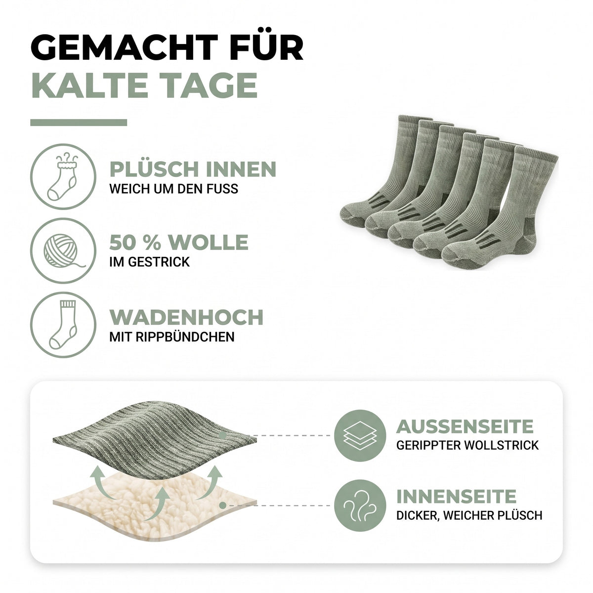 Thermosocken im Überblick: Plüsch innen, 50 % Wolle, wadenhoch mit Rippbündchen