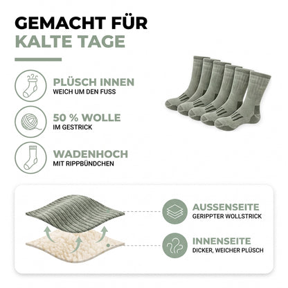 Thermosocken im Überblick: Plüsch innen, 50 % Wolle, wadenhoch mit Rippbündchen