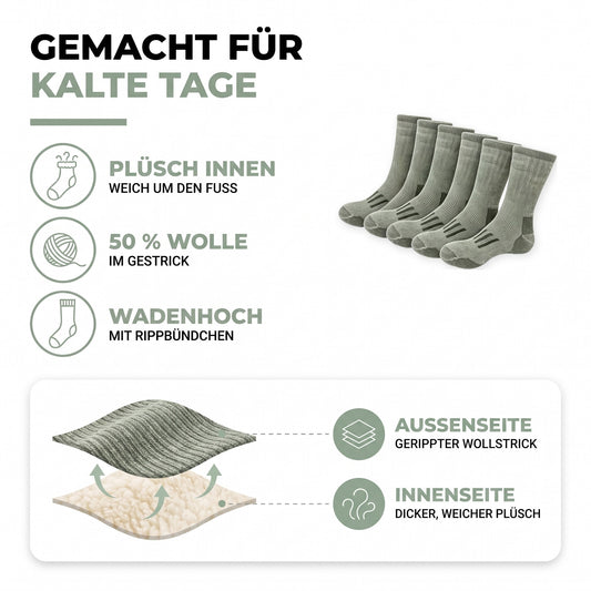 Thermosocken im Überblick: Plüsch innen, 50 % Wolle, wadenhoch mit Rippbündchen