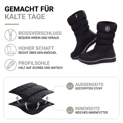 Winterstiefel Damen gefüttert: Reißverschluss, hoher Schaft, Profilsohle, gesteppter Stoff und Innenfutter im Aufbau