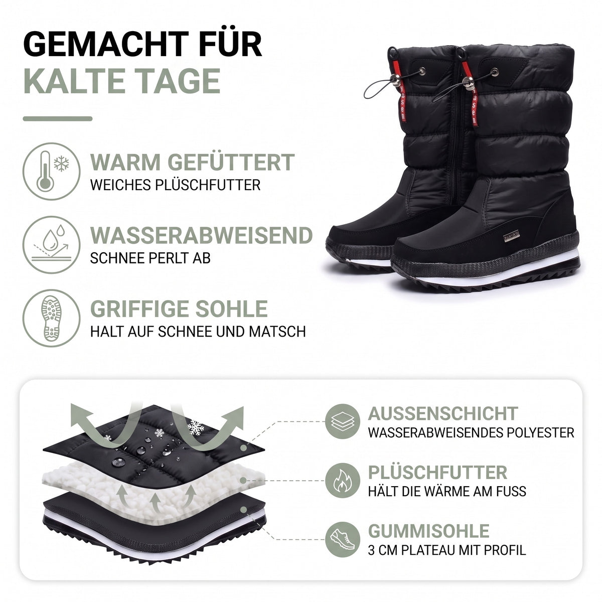 Winterstiefel Damen gefüttert – Aufbau: wasserabweisendes Polyester, Plüschfutter und Gummisohle mit 3 cm Plateau