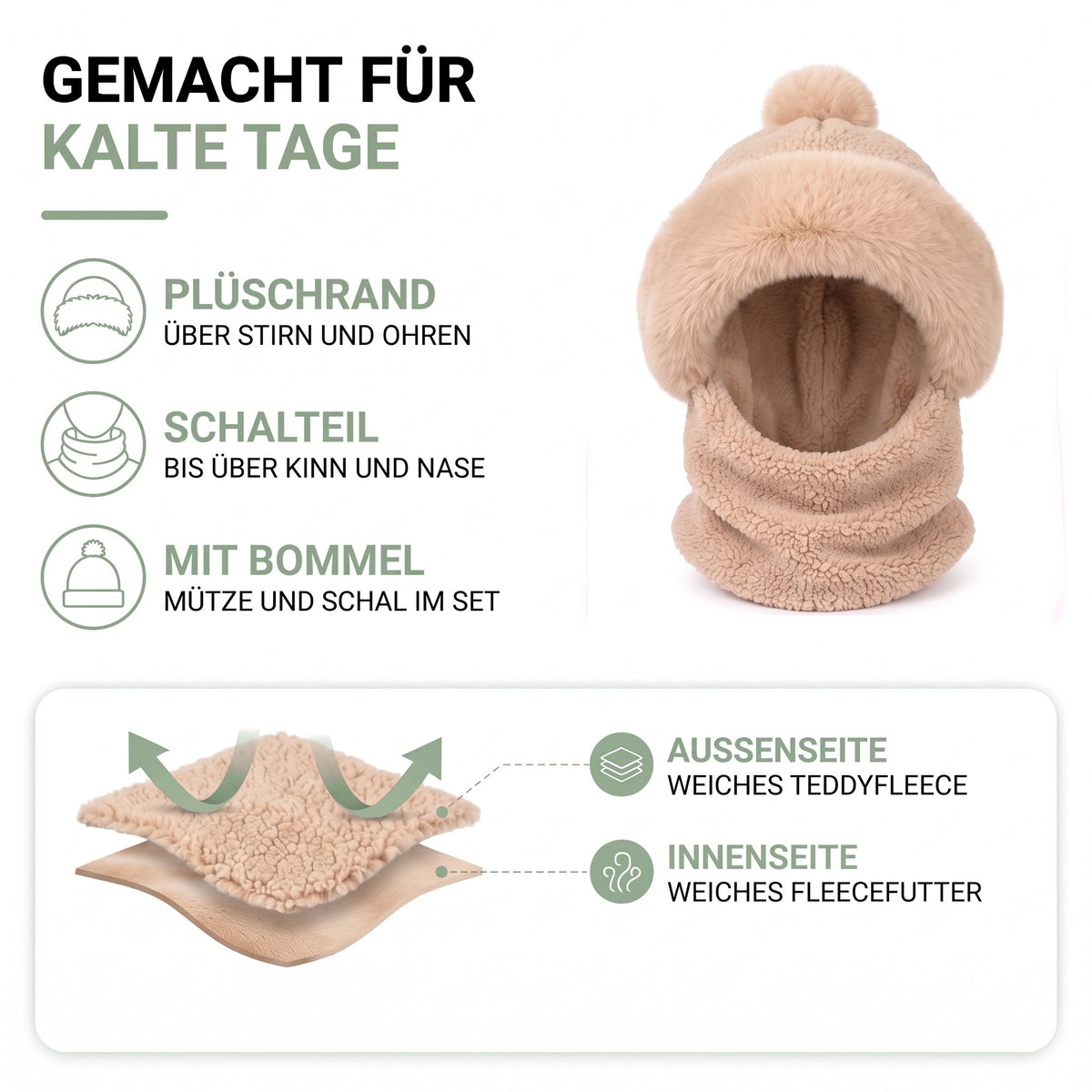 Mütze Schal Set Damen – Materialkarte: Plüschrand, Schalteil, Bommel, außen Teddyfleece, innen Fleecefutter