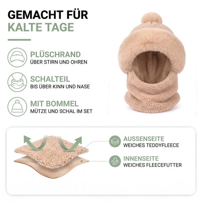 Mütze Schal Set Damen – Materialkarte: Plüschrand, Schalteil, Bommel, außen Teddyfleece, innen Fleecefutter