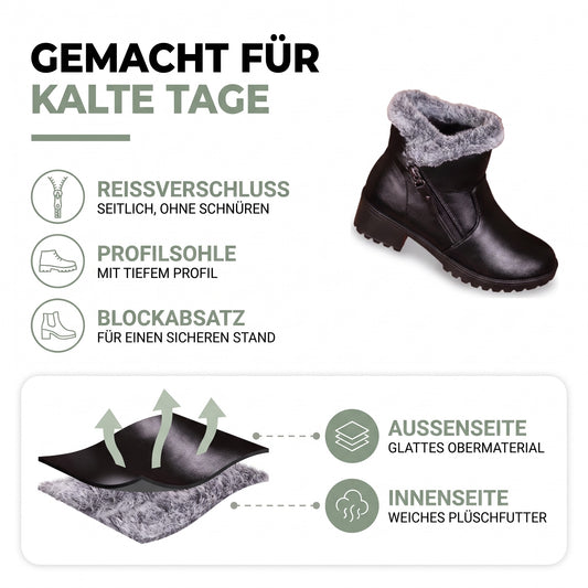 Winterstiefel Damen gefüttert: Reißverschluss, Profilsohle, Blockabsatz, glattes Obermaterial und Plüschfutter