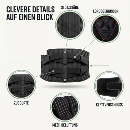Rückenbandage - Verstellbarer Stützgürtel mit 6 Stützstäben - Atmungsaktiv für Beruf & Sport - Clevere Details