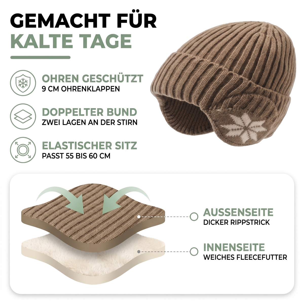 Mütze mit Ohrenklappen - Strickmütze Unisex - Schneeflockenmuster