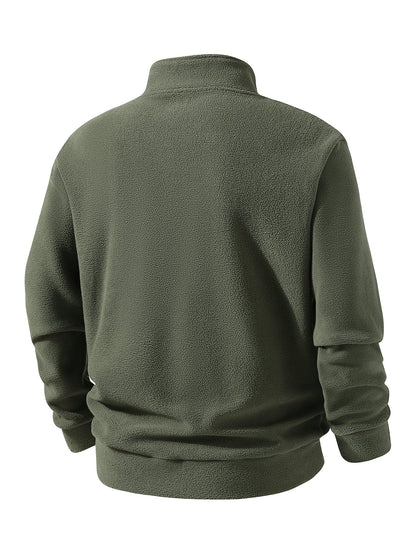 Olivgrüner Fleecepullover Herren, Rückansicht mit Stehkragen