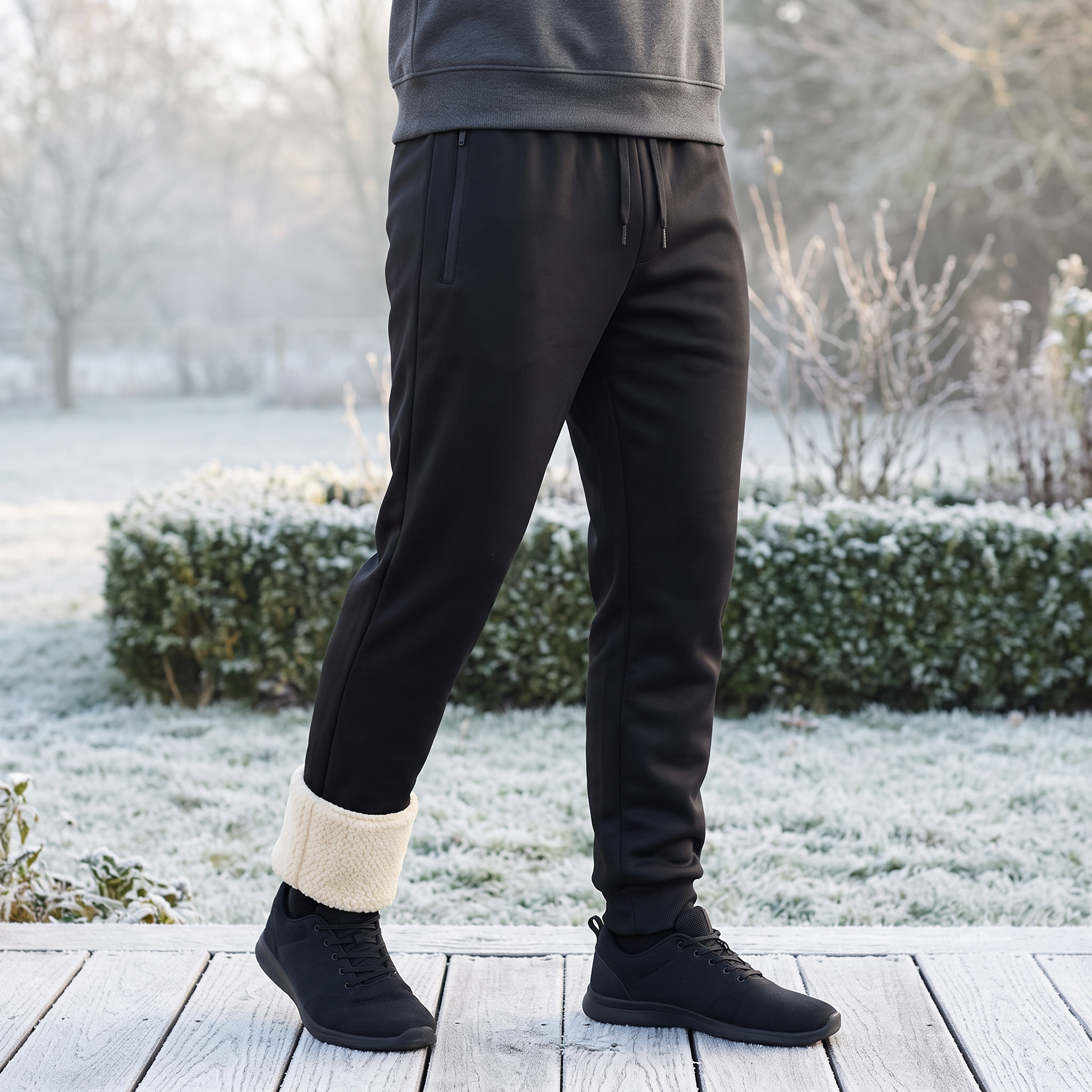 Mann trägt gefütterte Jogginghose auf einer frostigen Terrasse, Sherpa-Futter am umgeschlagenen Saum sichtbar