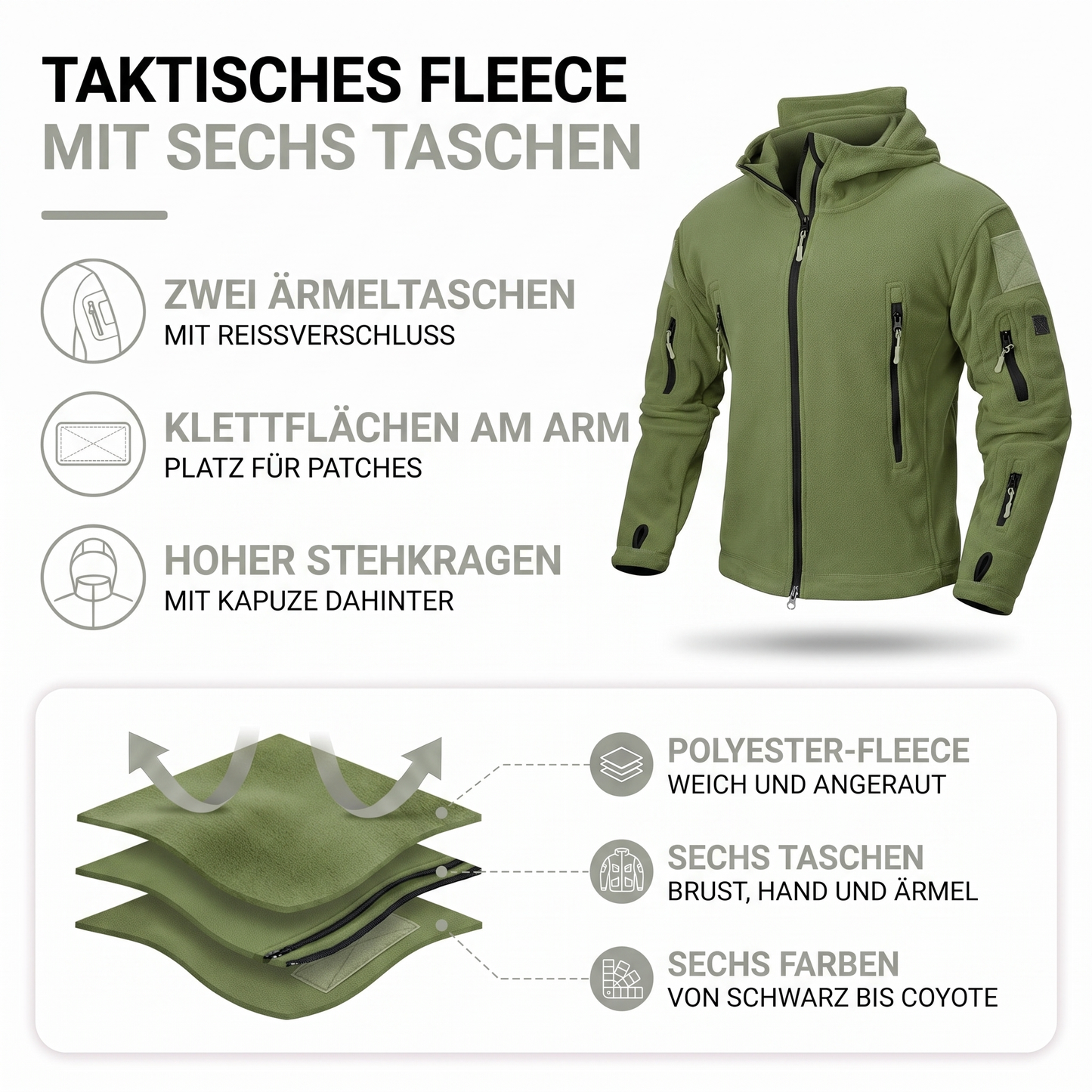 Aufbau der taktischen Fleecejacke: Polyester-Fleece, sechs Reißverschlusstaschen und Klettfläche am Arm