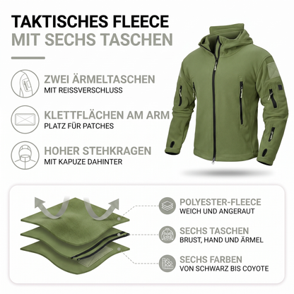 Aufbau der taktischen Fleecejacke: Polyester-Fleece, sechs Reißverschlusstaschen und Klettfläche am Arm