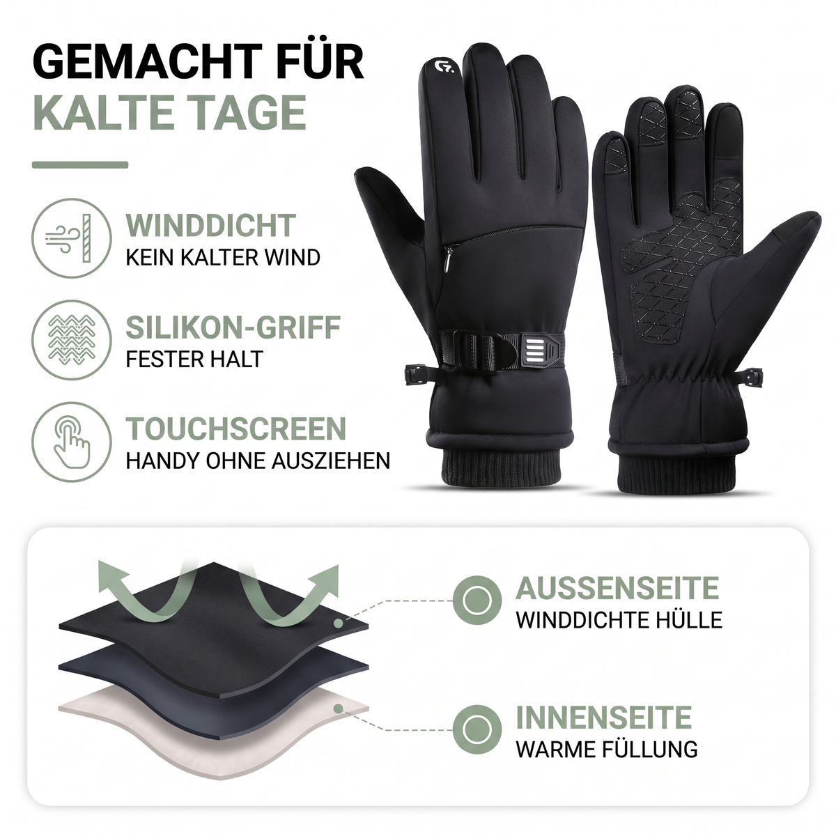 Skihandschuhe Herren - verdickt - winddicht - Touchscreen