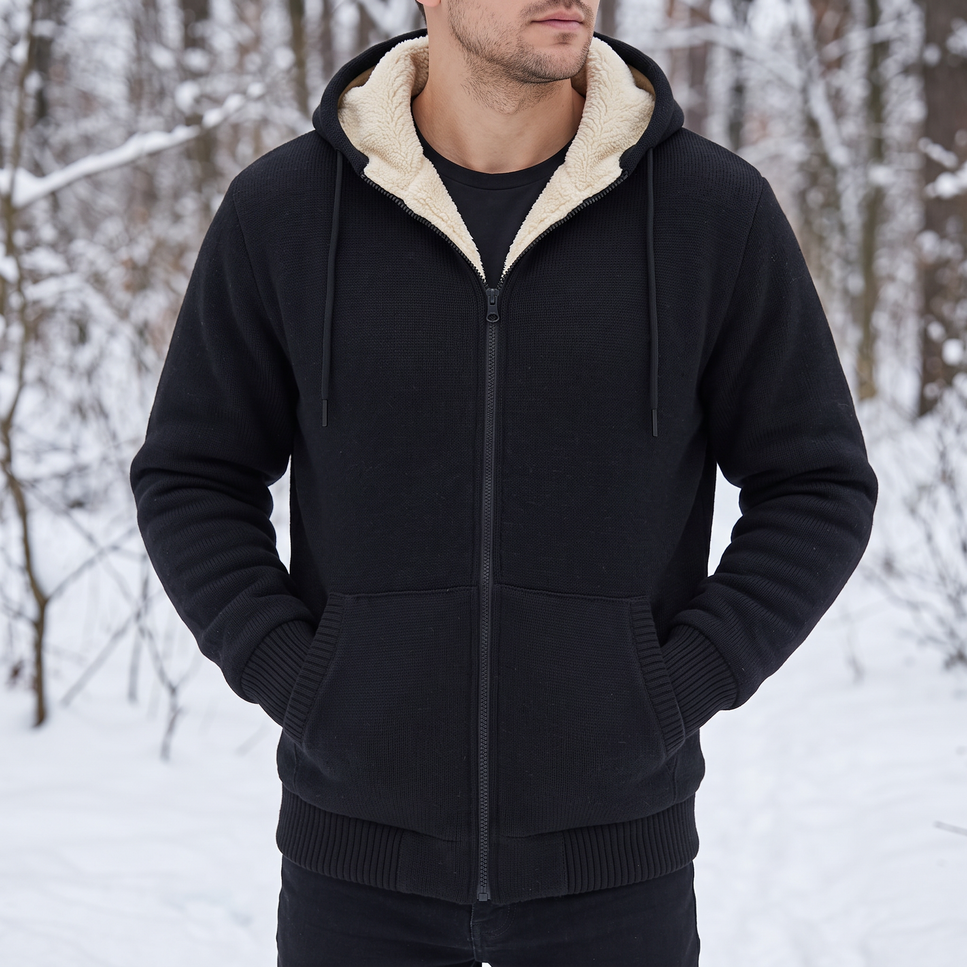 Kapuzenjacke Herren - Strickjacke mit Kapuze - Sherpa-Fleece-Futter