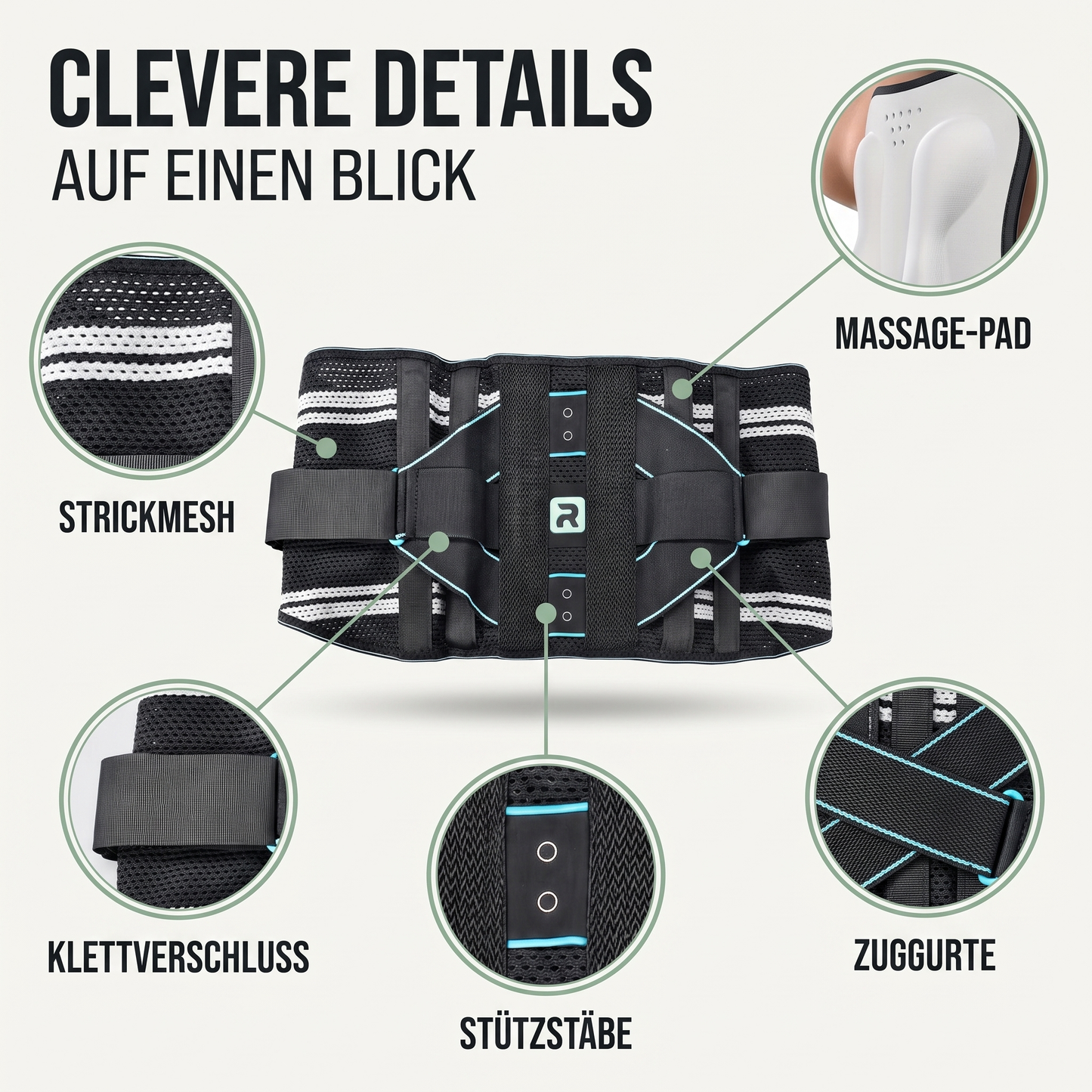 Rückenbandage mit Massage-Pad - Atmungsaktiv & Verstellbar - Inkl. Verlängerungsgurt - Clevere Details