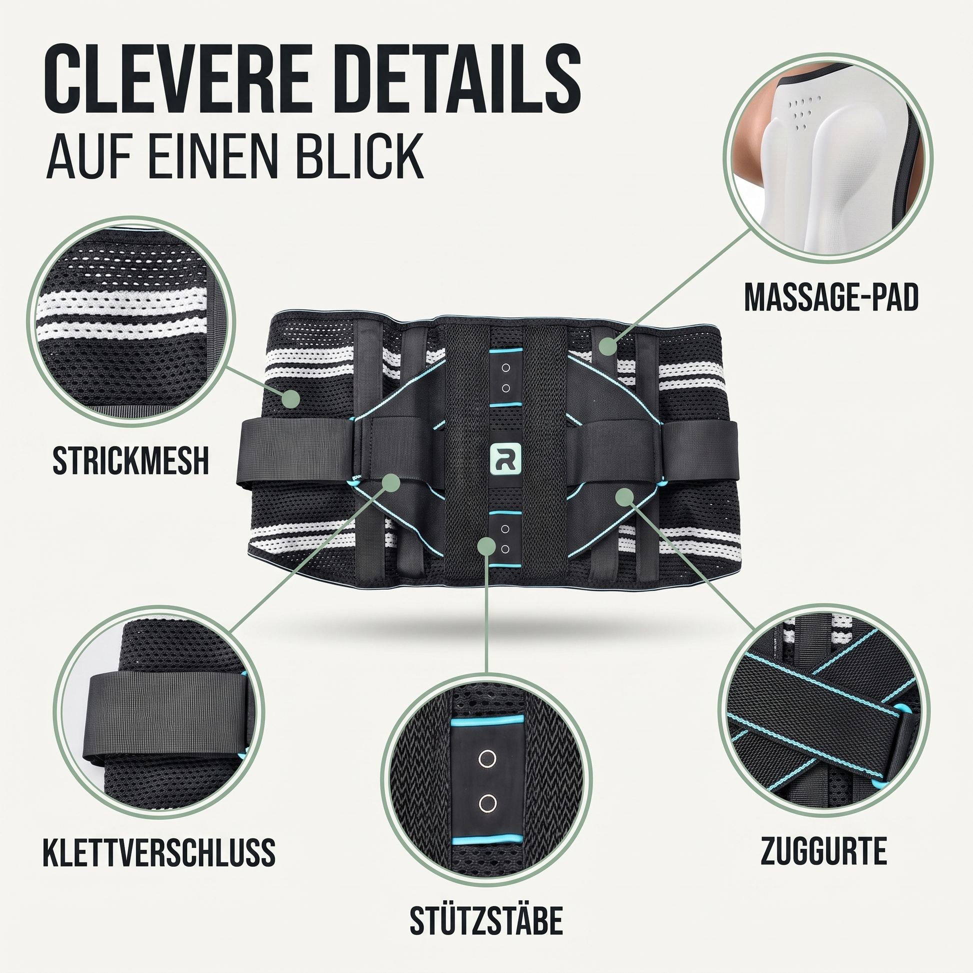 Rückenbandage mit Massage-Pad - Atmungsaktiv & Verstellbar - Inkl. Verlängerungsgurt - Clevere Details