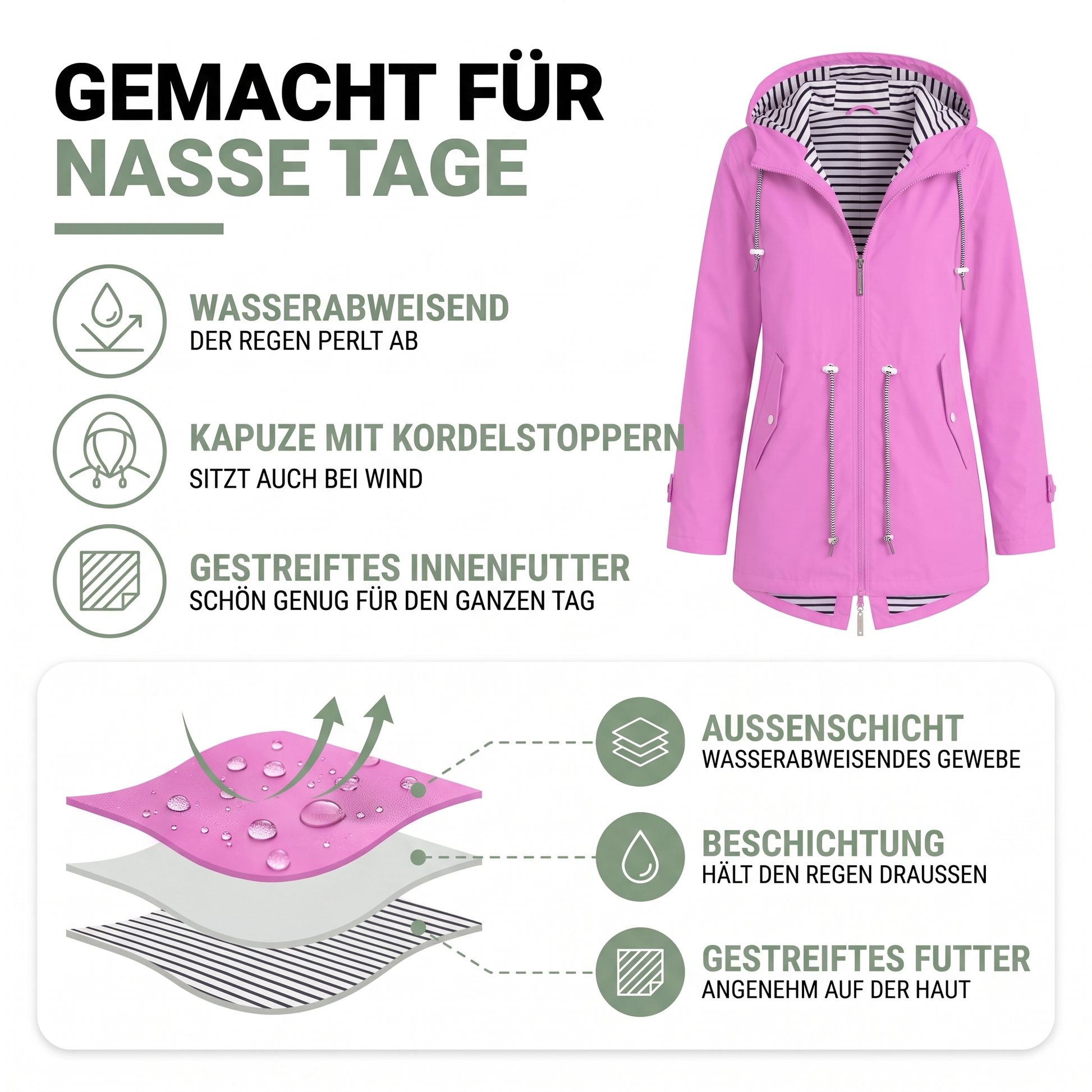 Regenjacke Damen mit Kapuze - Wasserabweisend - Gestreiftes Innenfutter