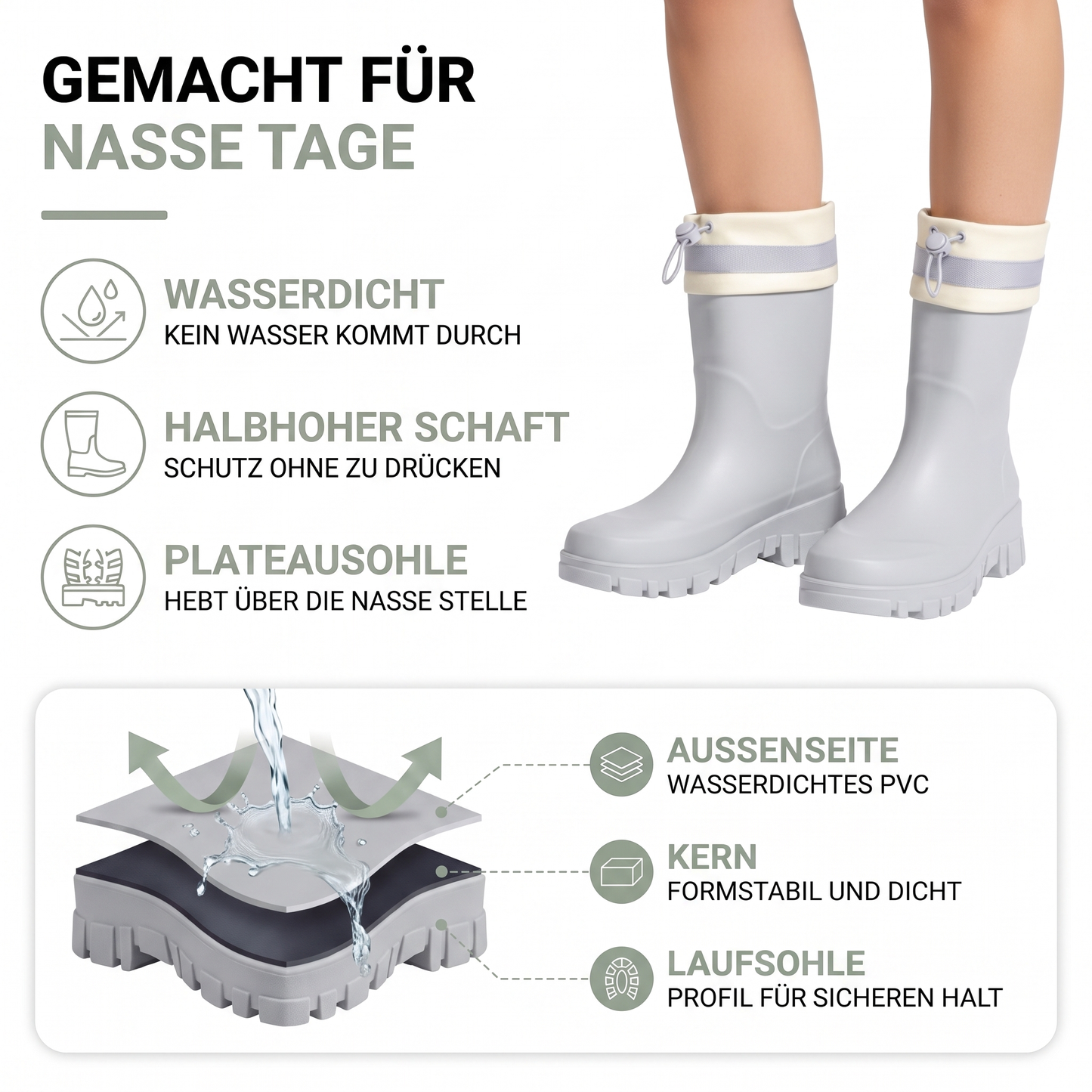 Gummistiefel Damen halbhoch - Plateausohle - wasserdicht