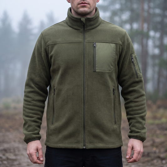 Mann trägt die olivgrüne Fleecejacke am Rand eines Nadelwalds im Morgennebel