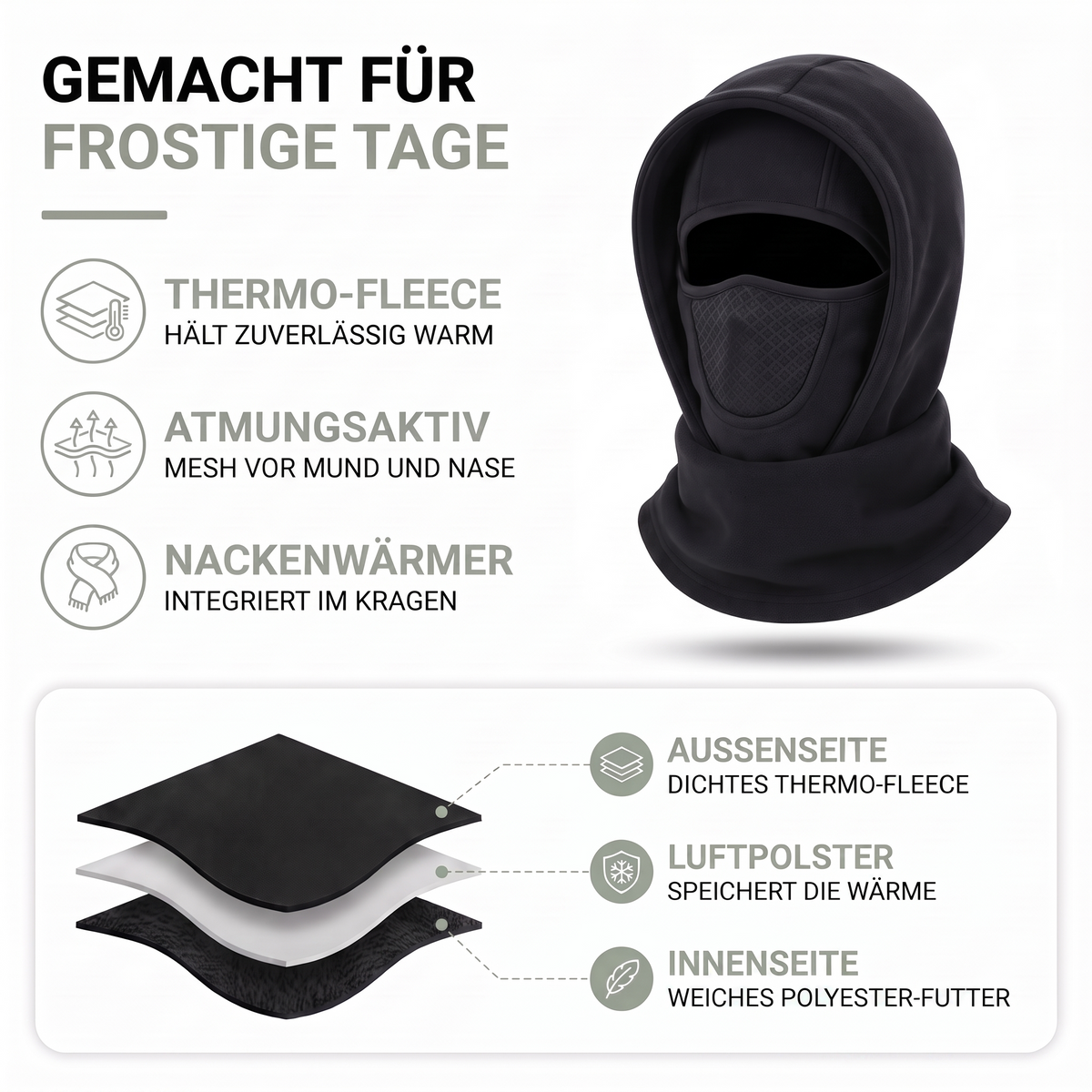 Materialaufbau der Fleece-Sturmhaube: dichtes Thermo-Fleece, Luftpolster, weiches Polyester-Futter