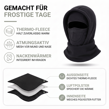 Materialaufbau der Fleece-Sturmhaube: dichtes Thermo-Fleece, Luftpolster, weiches Polyester-Futter