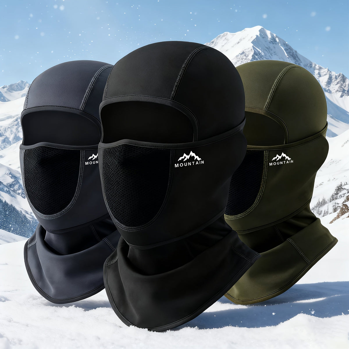 Sturmhaube in Schiefergrau, Schwarz und Oliv nebeneinander im Schnee