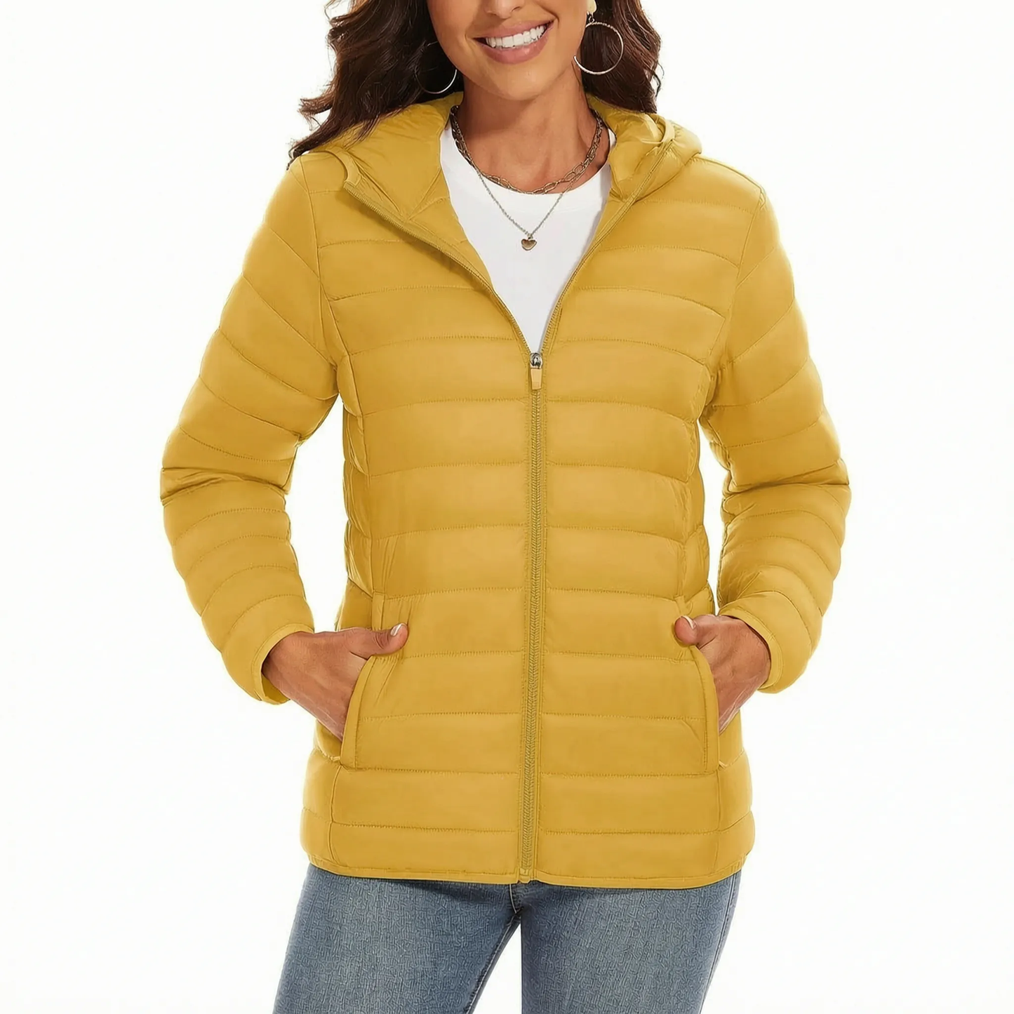 Leichte Steppjacke für Damen in Gelb mit Kapuze und Reißverschlusstaschen