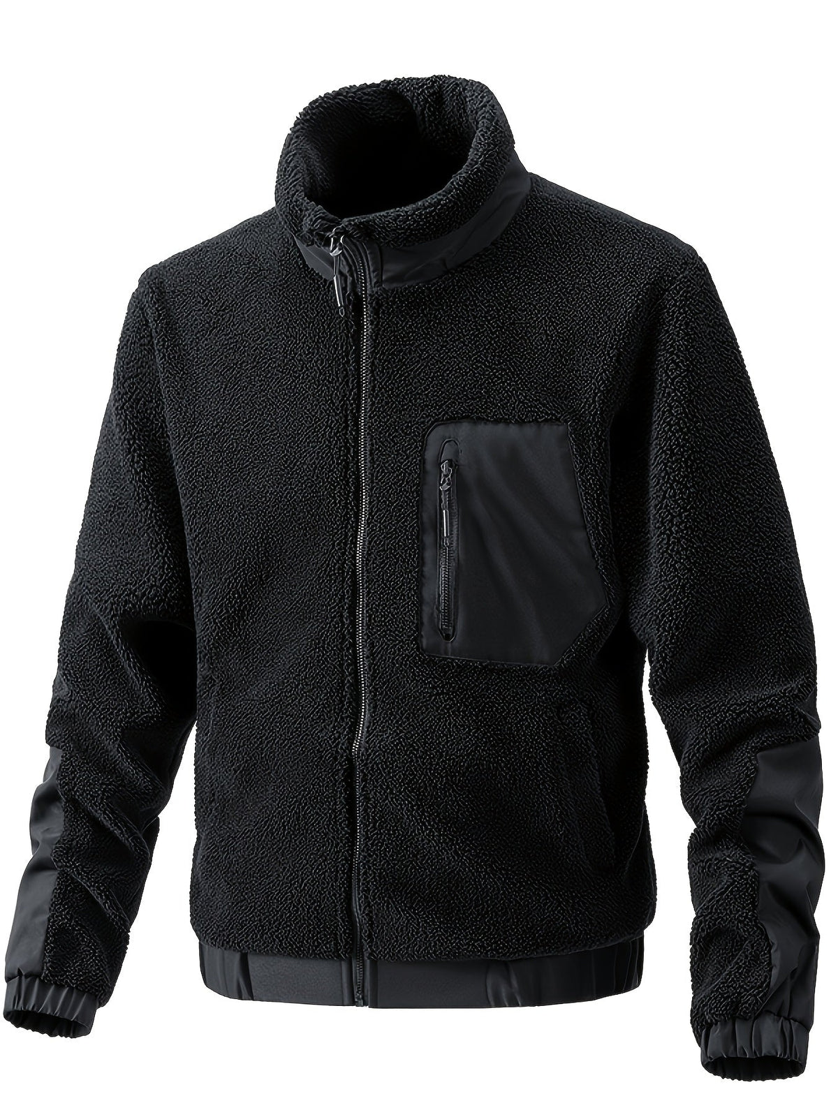Schwarze Sherpajacke mit Stehkragen von vorn