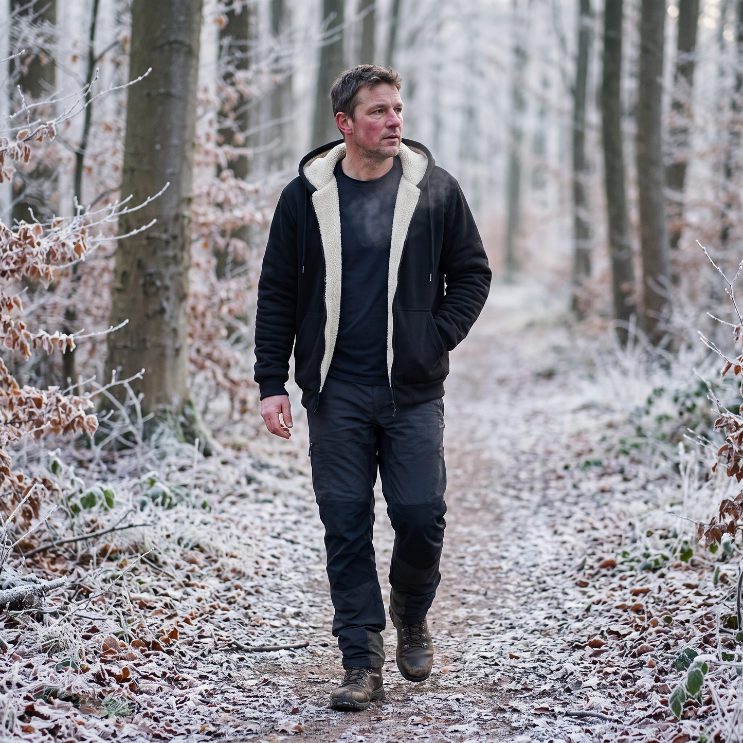 Fleecejacke Herren mit Kapuze sherpa-gefüttert schwarz – im Winter getragen