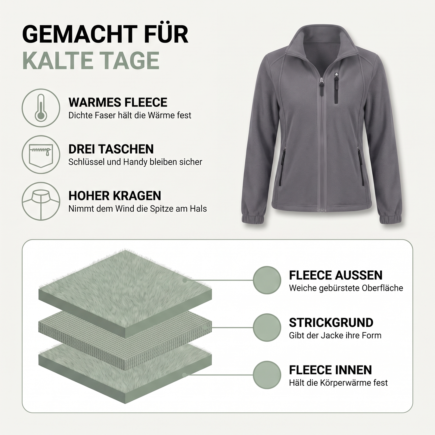 Fleecejacke Damen - Stehkragen - 3 Reißverschlusstaschen