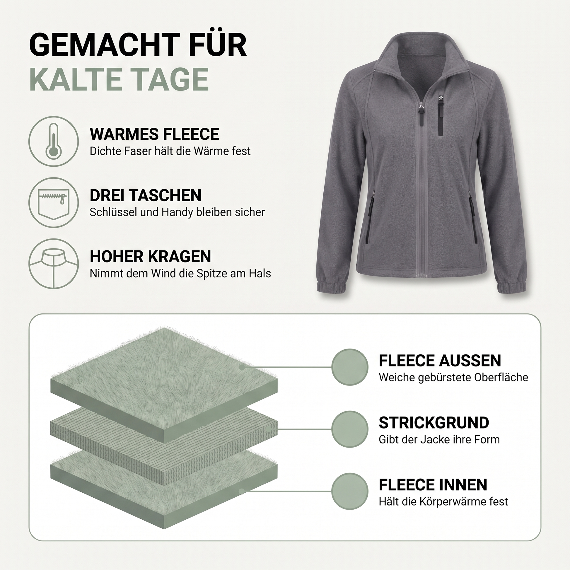 Fleecejacke Damen - Stehkragen - 3 Reißverschlusstaschen