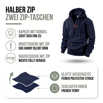 Ausstattung des Hoodies: Kapuze mit Kordel, Brust- und Bauchtasche mit Reißverschluss sowie French Terry innen