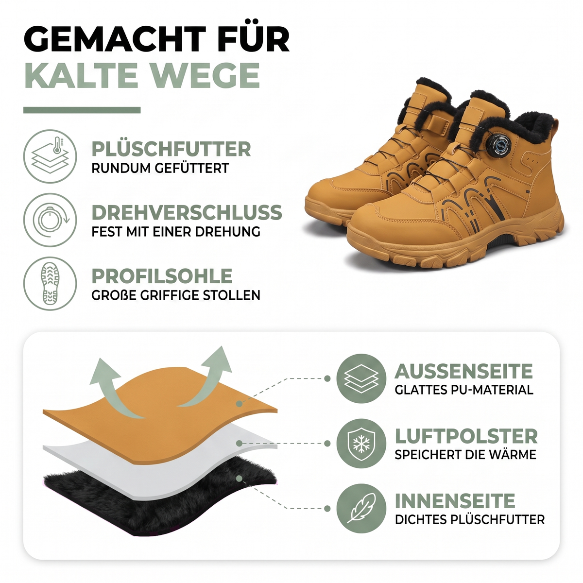 Materialaufbau der Winterschuhe: glattes PU-Material, Luftpolster, dichtes Plüschfutter