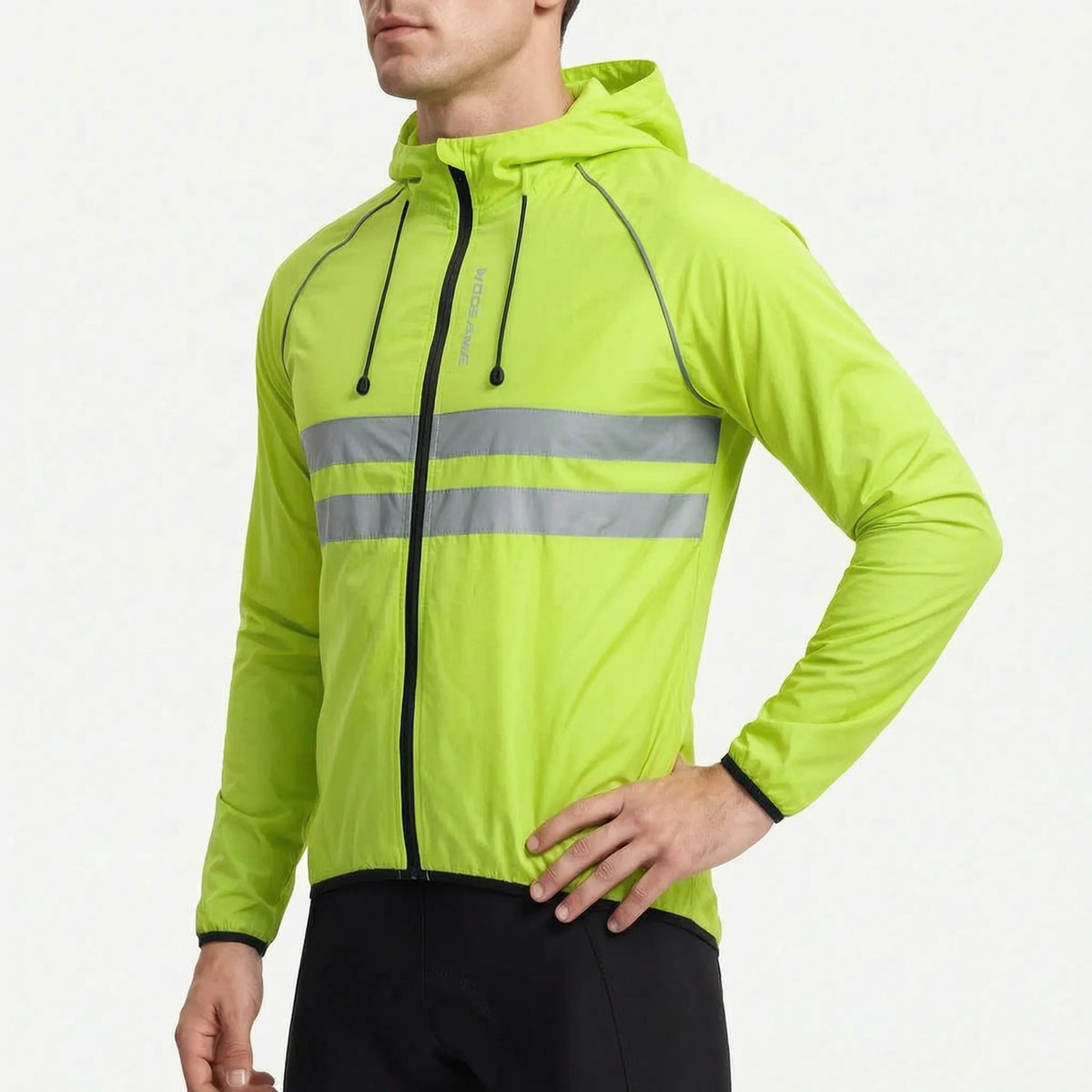 Neongrüne Radjacke für Herren mit verstellbarer Kapuze und Kordelstoppern