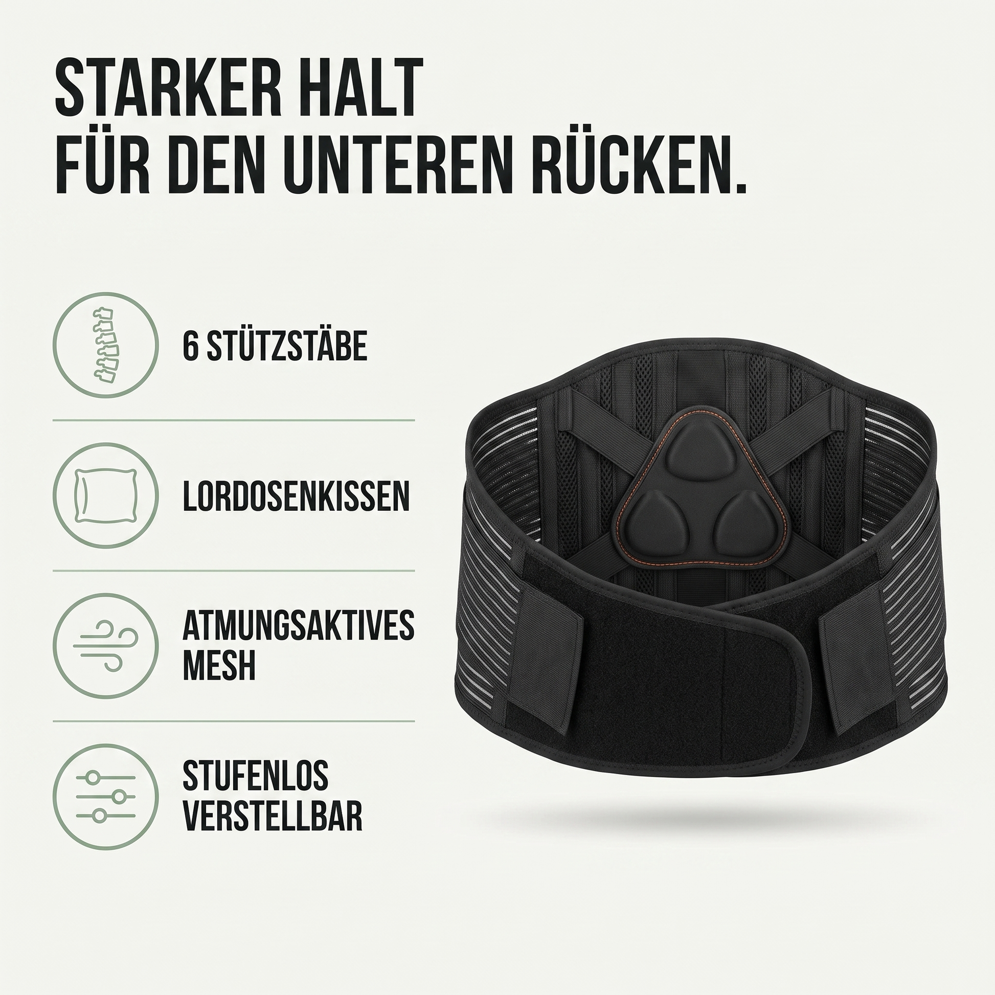 Rückenbandage - Verstellbarer Stützgürtel mit 6 Stützstäben - Atmungsaktiv für Beruf & Sport - Hauptvorteile auf einen Blick
