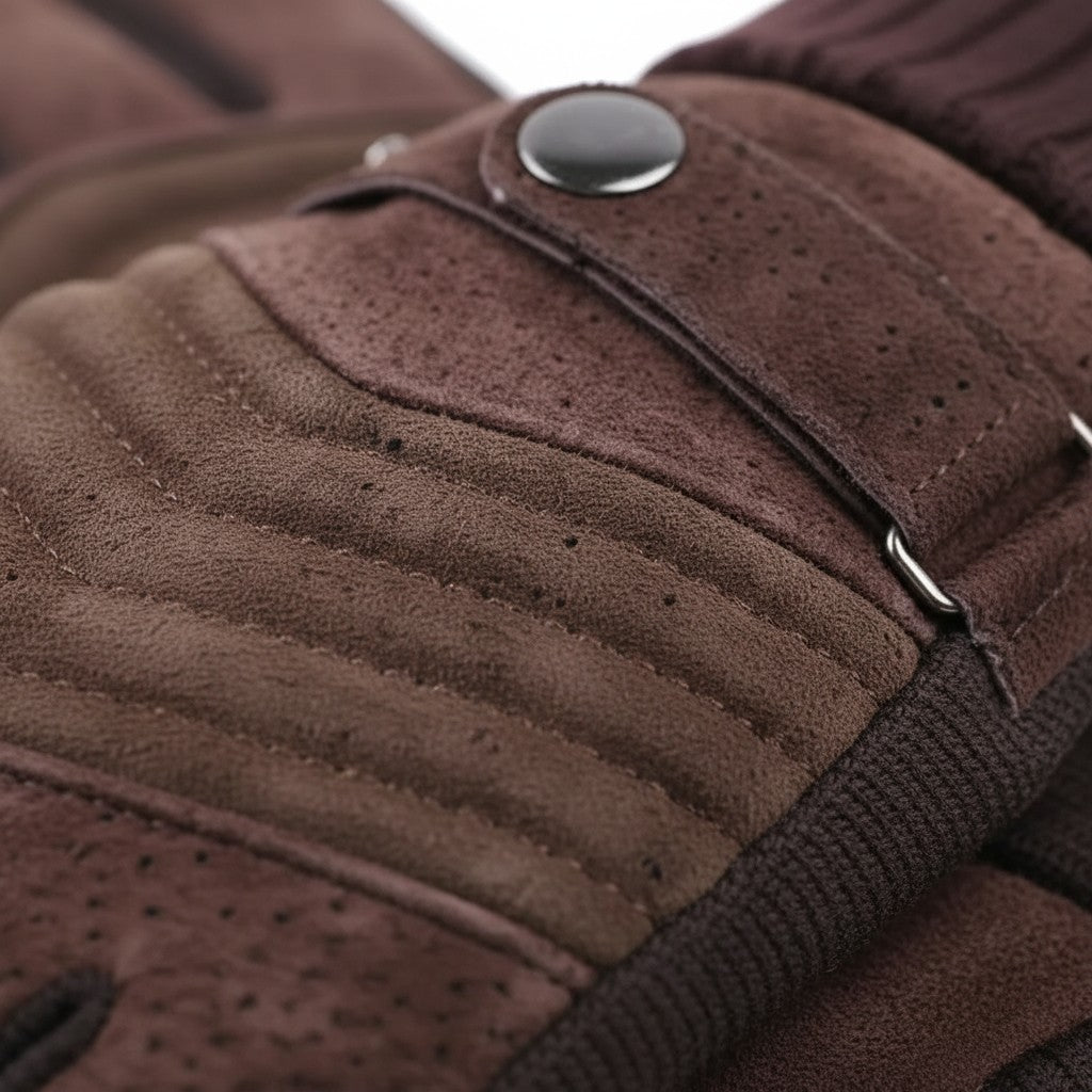 Winterhandschuhe Herren Detail: Druckknopfriegel, Steppnähte und perforierte Oberfläche